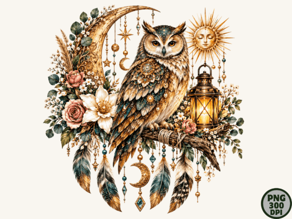 Celestial Owl Boho Moon PNG Design