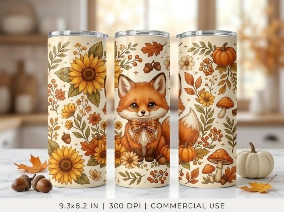 Cute Autumn Fox Sunflower Tumbler Design