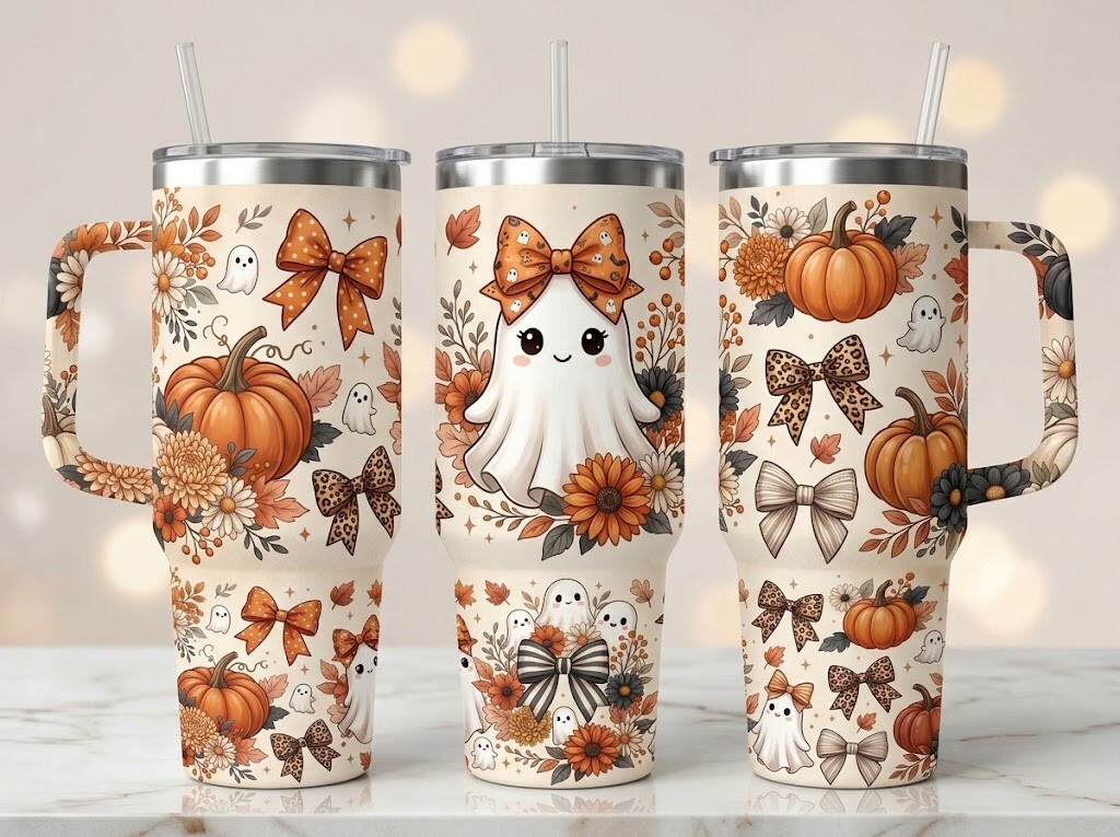 Cute Autumn Ghost Pumpkin Tumbler Design