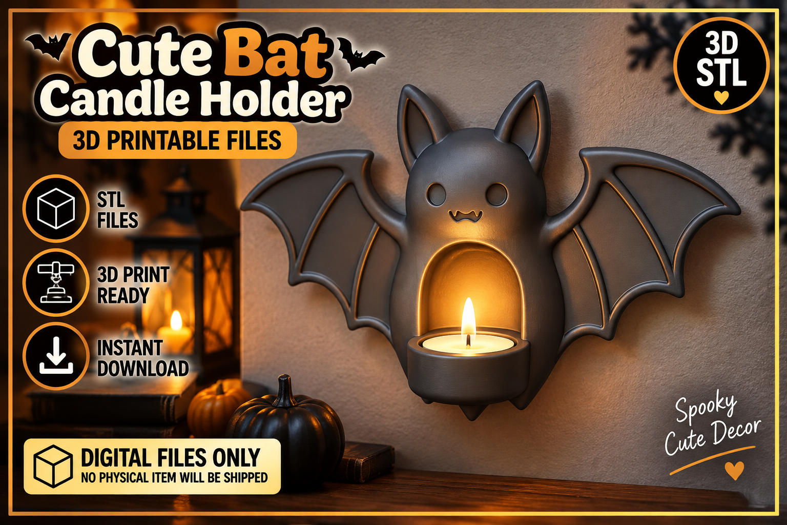 Cute Bat Candle Holder STL Files | 3D Printable Halloween Decor - Image 2
