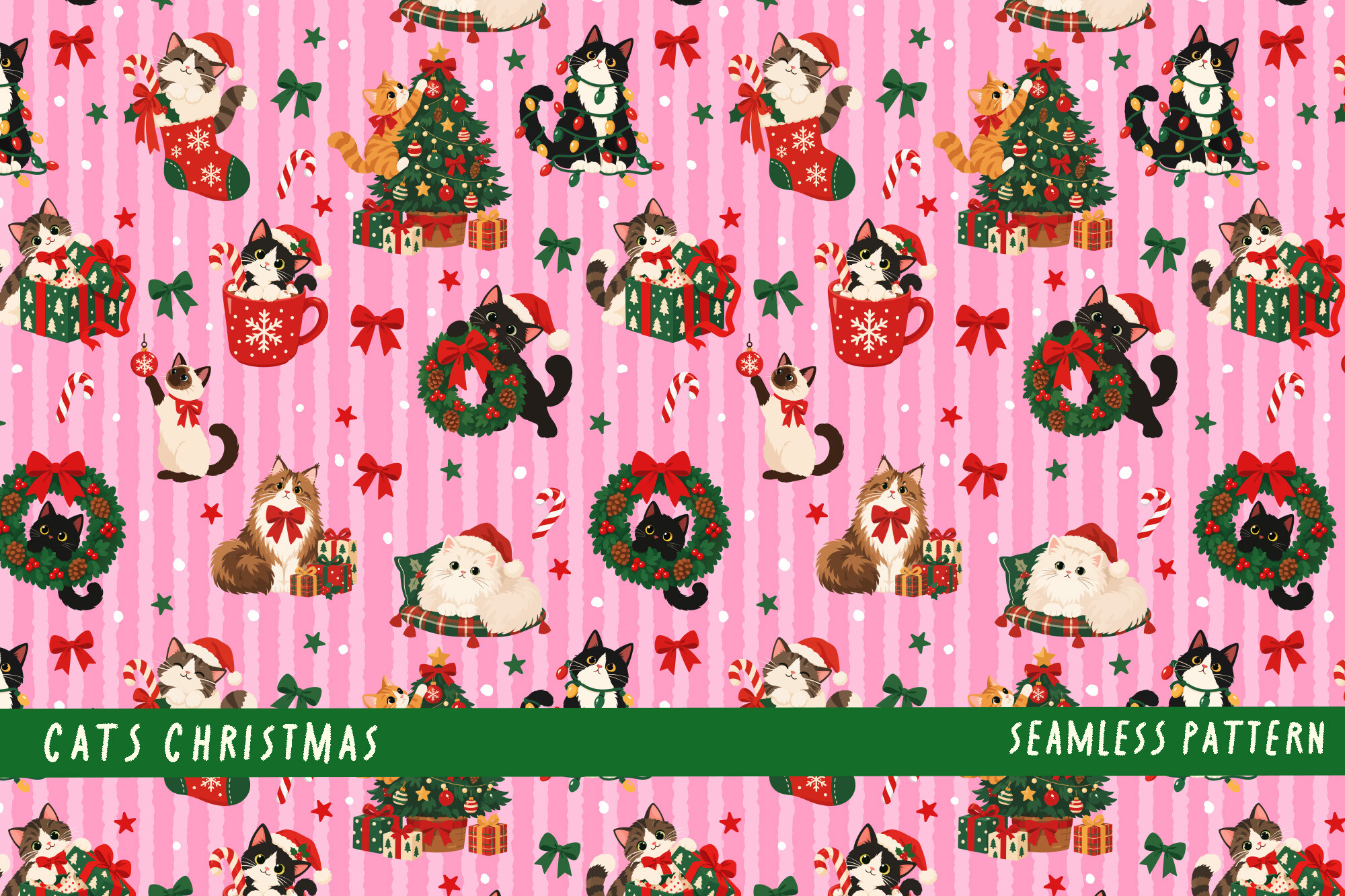 Cute Christmas Cat Festive Pattern PNG
