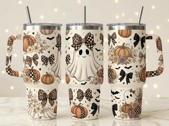 Cute Ghost Pumpkin Ribbon Tumbler Design