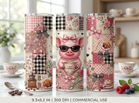 Cute Pig Coffee Patchwork Tumbler Design