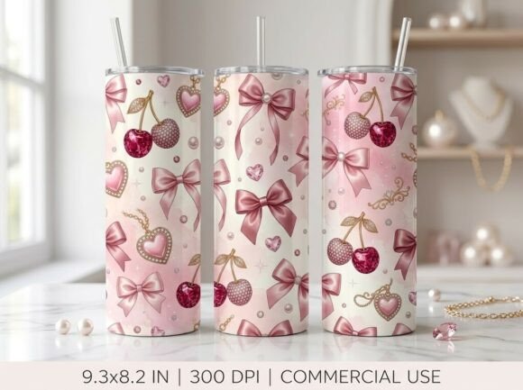 Cute Pink Cherry Hearts Tumbler Design