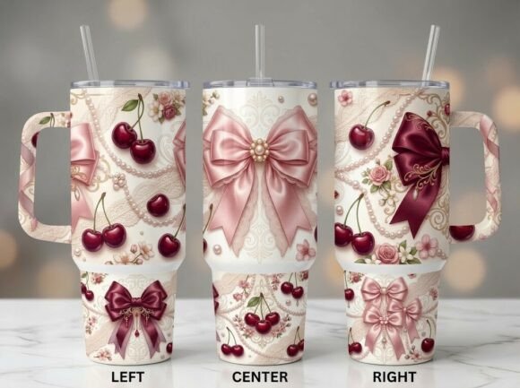Elegant Cherry Bow Pearl Tumbler Design