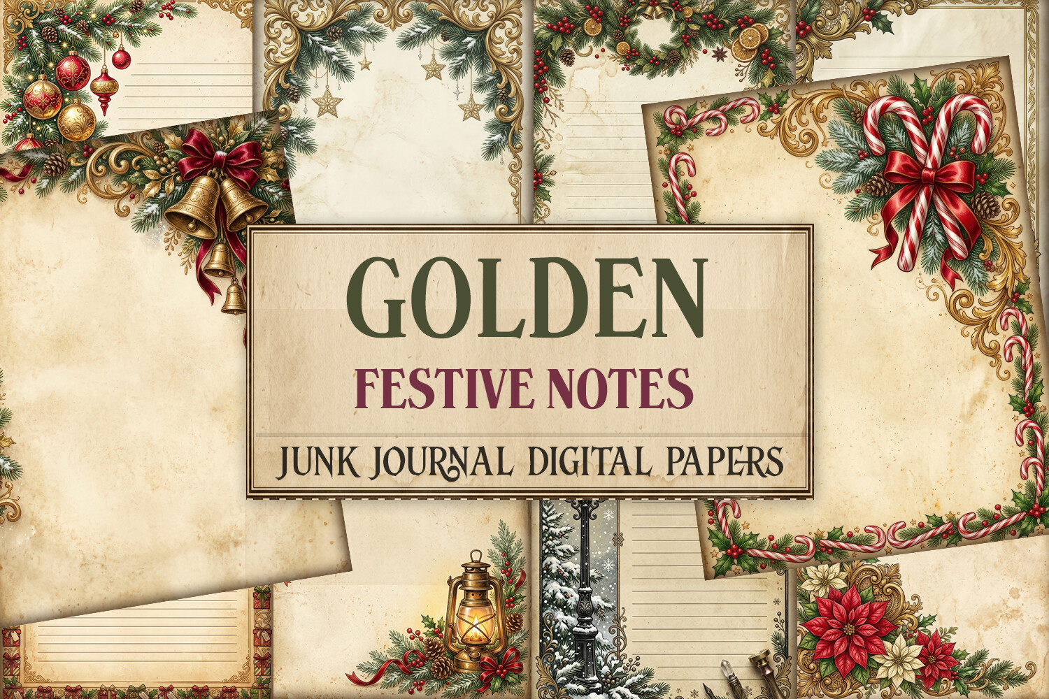 Golden Festive Notes Junk Journal Pages