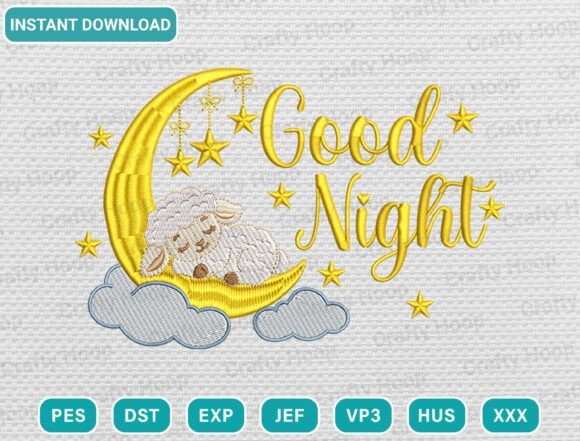 Good Night Sheep on Moon Embroidery File