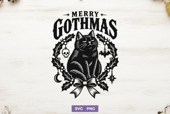 Merry Gothmas SVG PNG, Black Spooky Cat