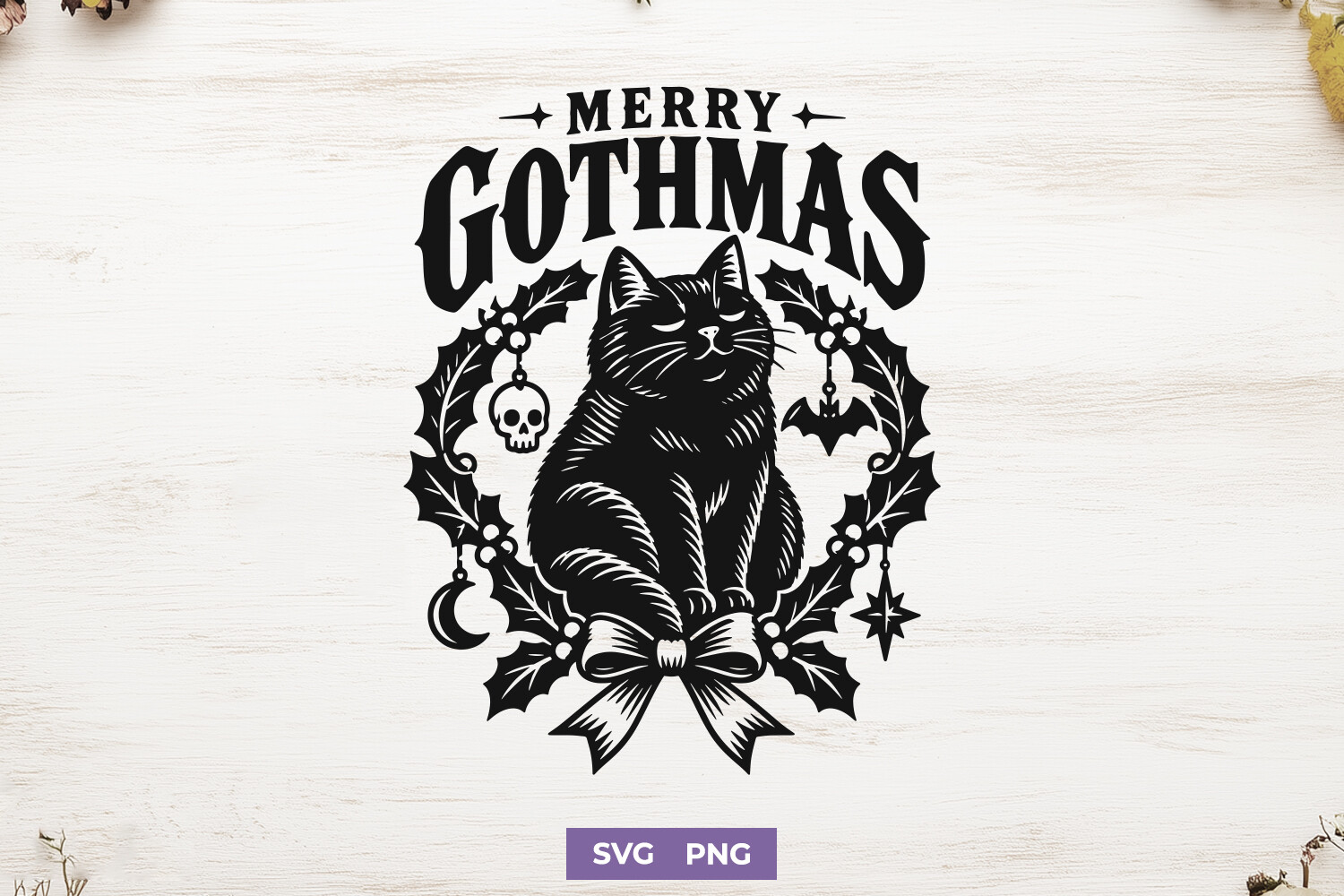Merry Gothmas SVG PNG, Black Spooky Cat