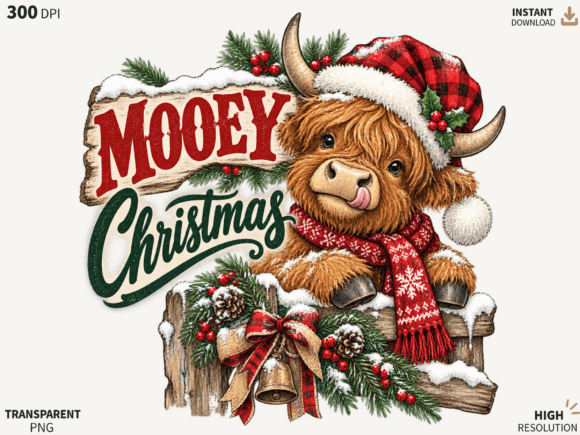 Mooey Christmas Highland Cow PNG, Festiv