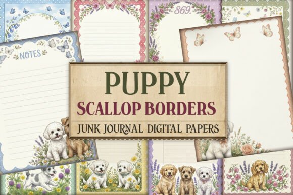 Puppy Scallop Borders Junk Journal Paper