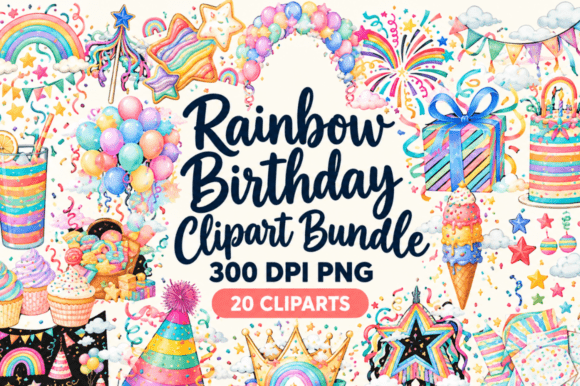 Rainbow Birthday Clipart PNG Bundle