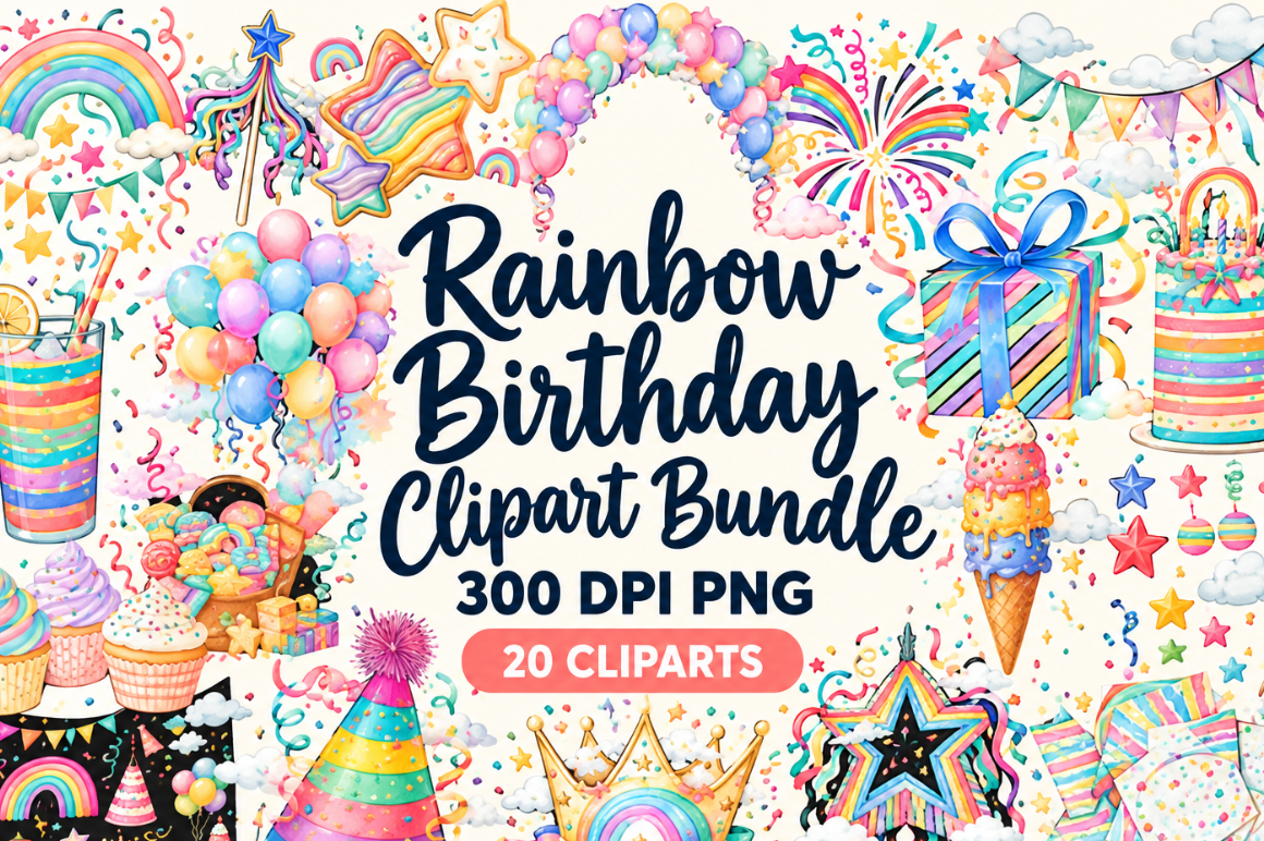 Rainbow Birthday Clipart PNG Bundle
