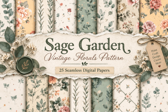 Sage Garden Vintage Florals Pattern Grafik Papier-Muster Von Designstock