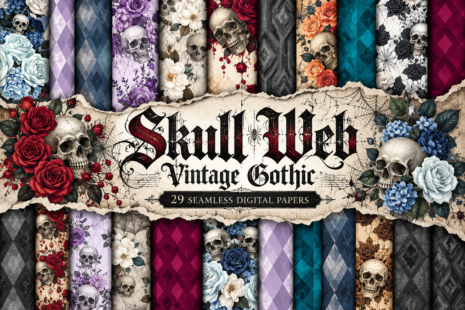 Skull Web Vintage Gothic Digital Paper