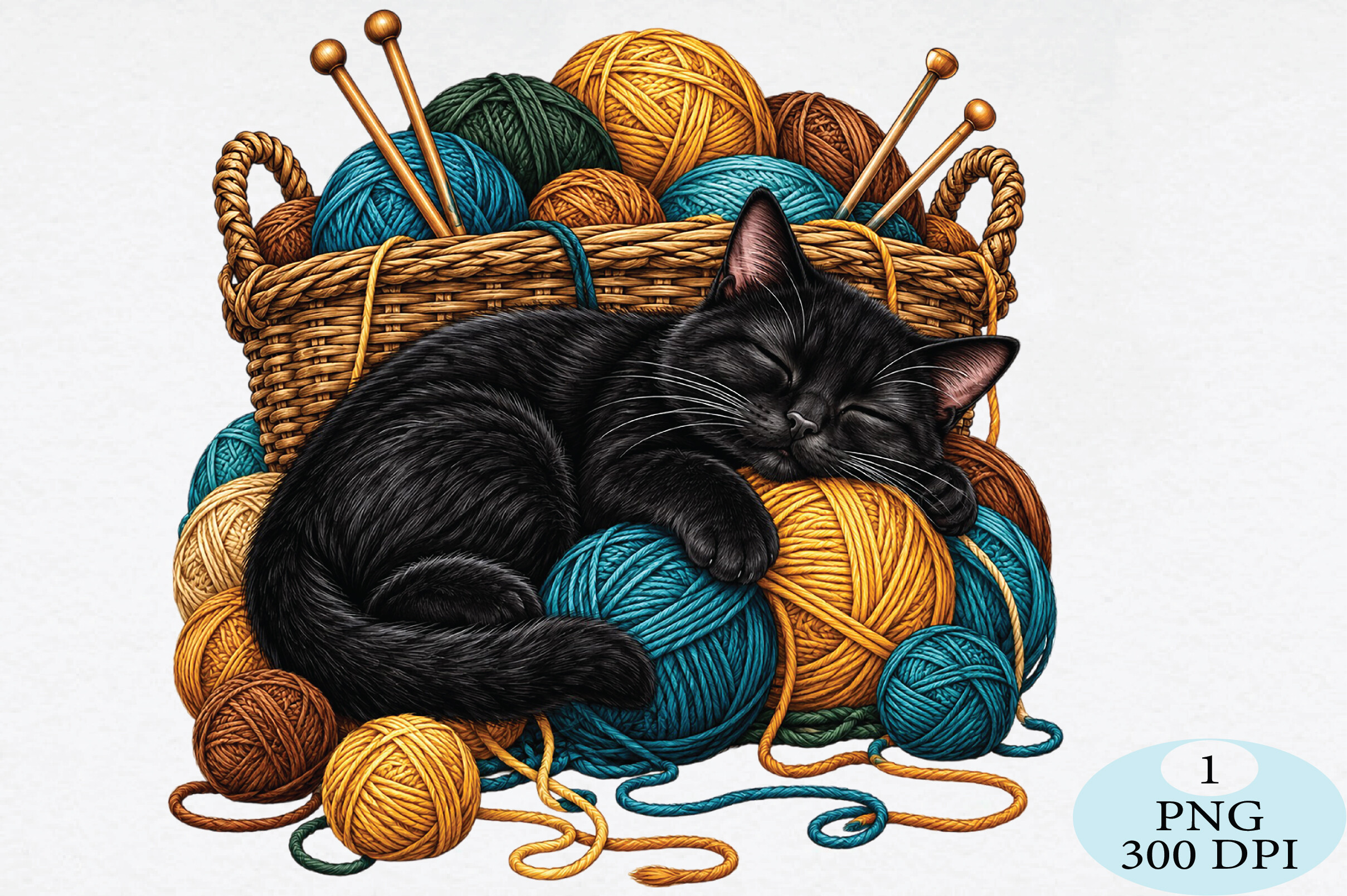 Sleeping Black Cat with Yarn PNG
