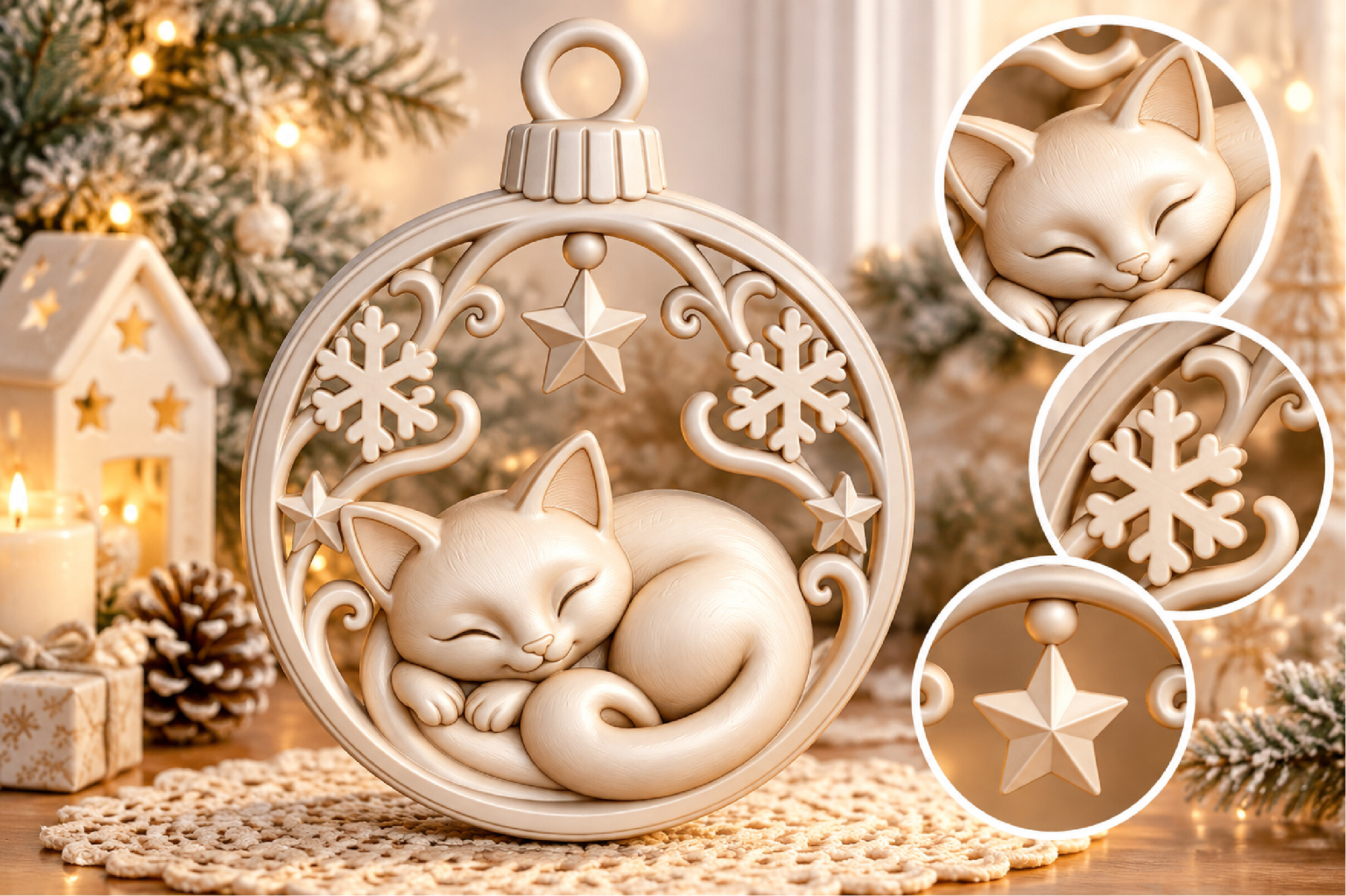 Sleeping Cat Christmas Ornament STL – 3D Printable Holiday Decoration - Image 3
