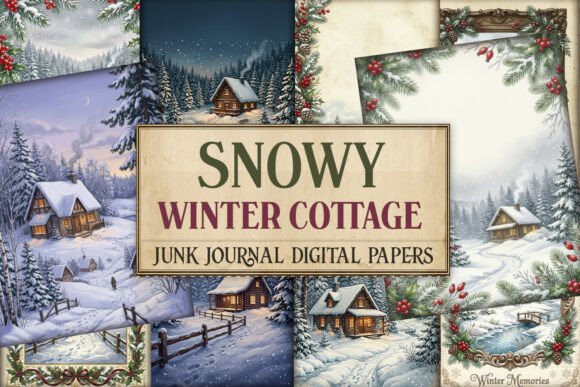 Snowy Winter Cottage Junk Journal Paper