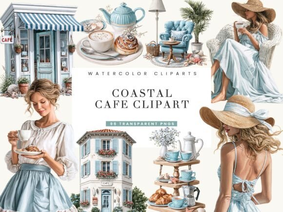 Watercolor Coastal Cafe Clipart Bundle