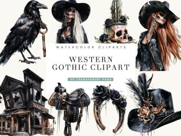 Watercolor Western Gothic Clipart Bundle
