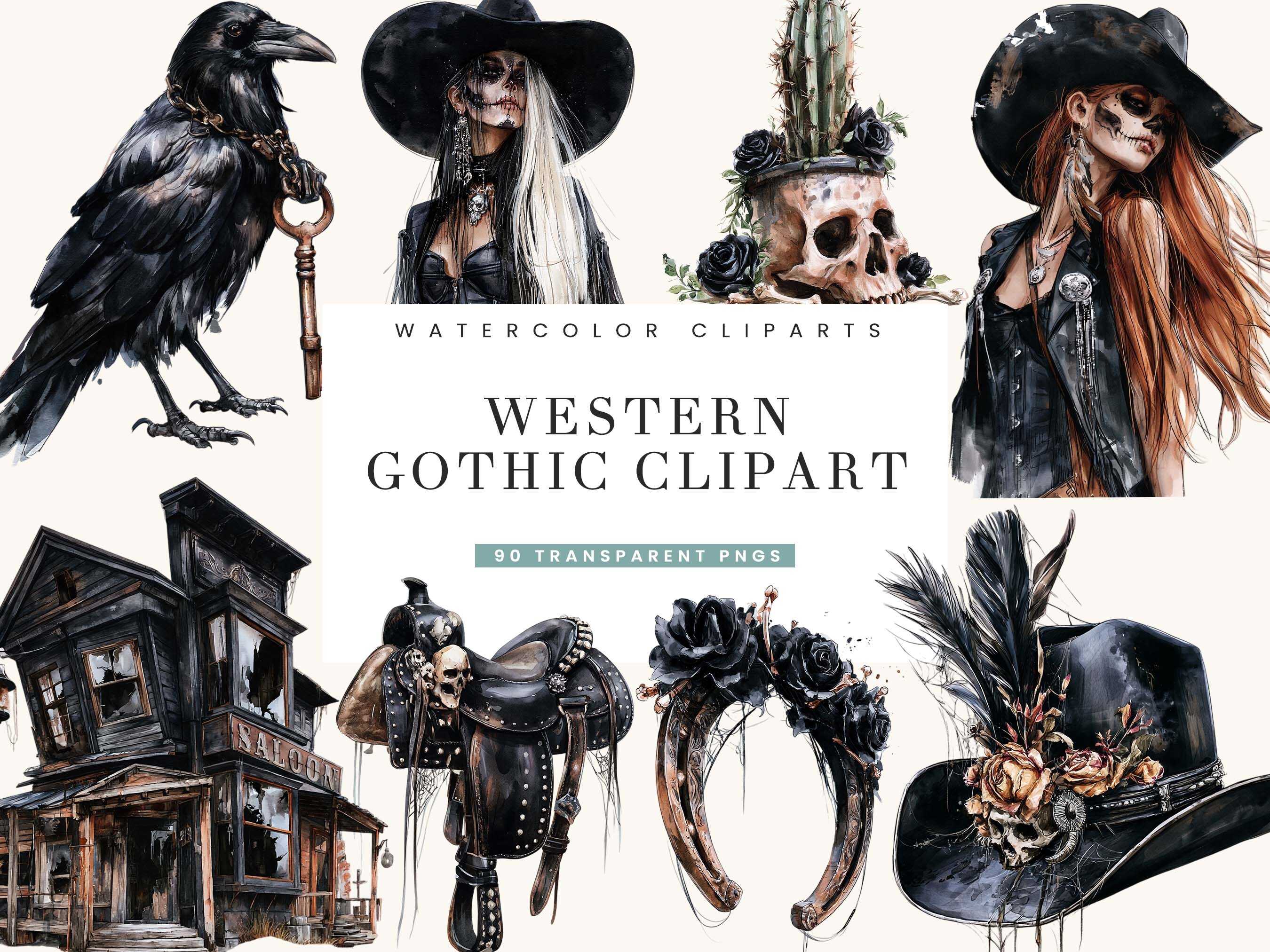 Watercolor Western Gothic Clipart Bundle