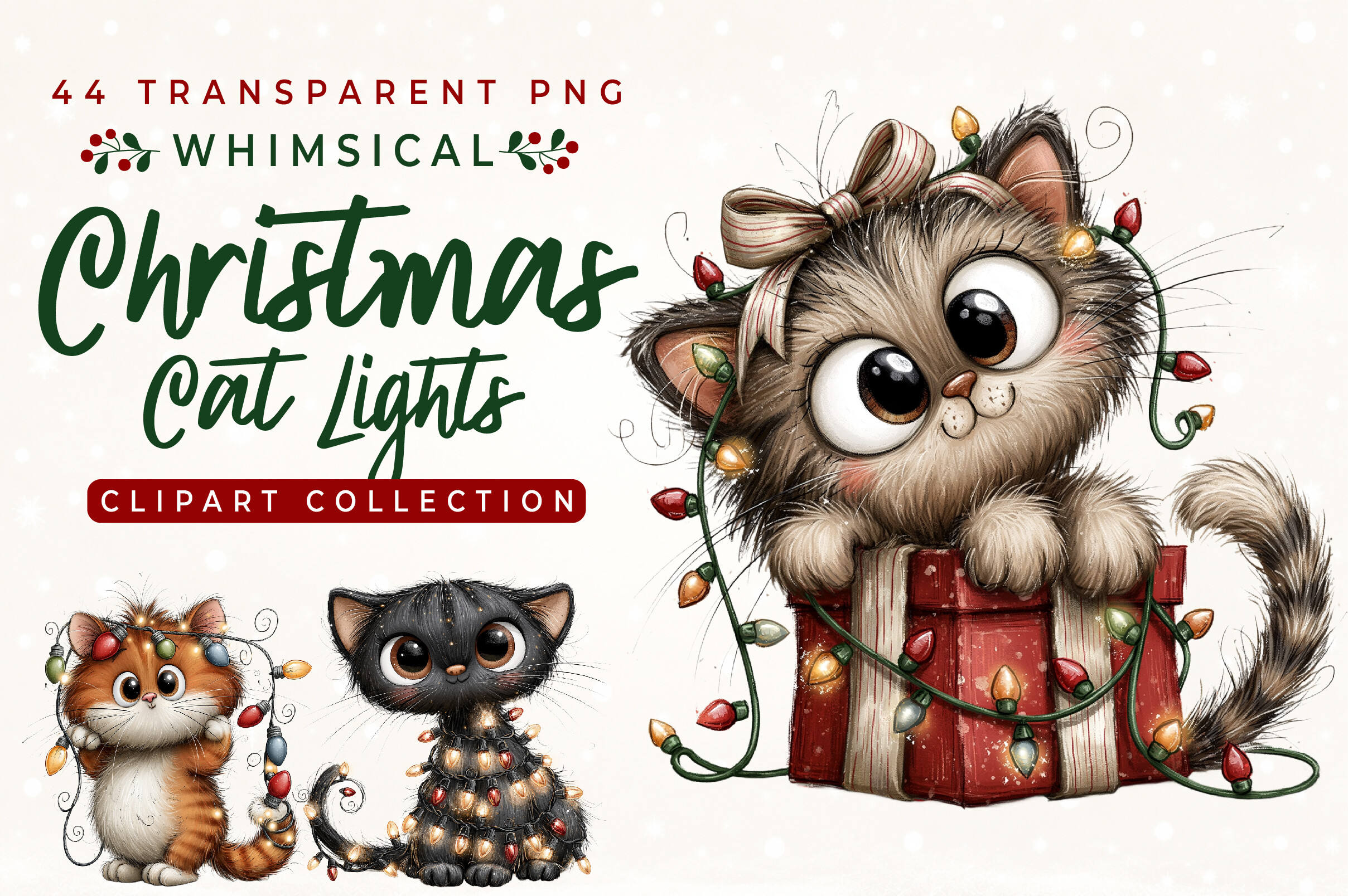 Whimsical Christmas Cat Lights Clipart
