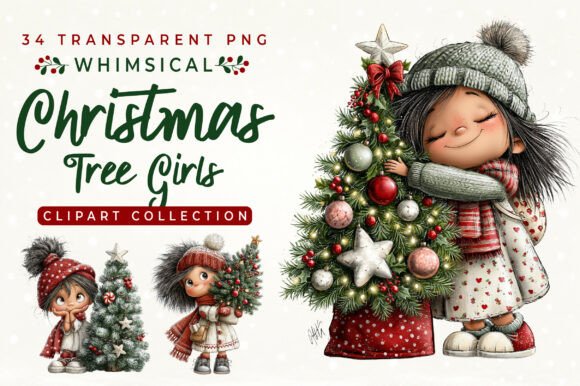 Whimsical Christmas Tree Girls Clipart