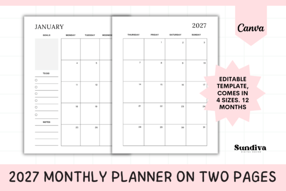 2027 Dated Monthly Planner on Two Pages