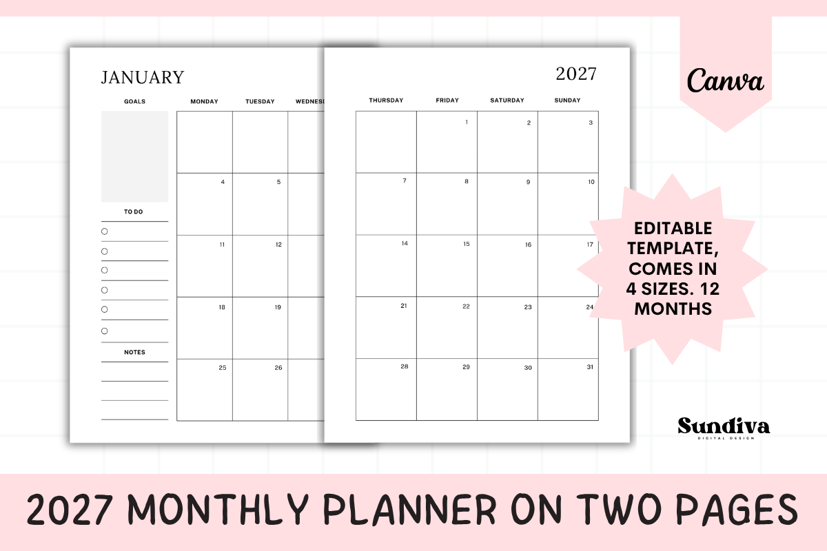 2027 Dated Monthly Planner on Two Pages