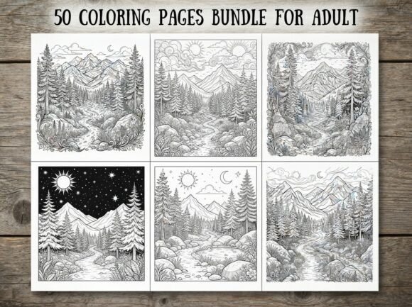 50 Mountain Forest Coloring Pages Bundle