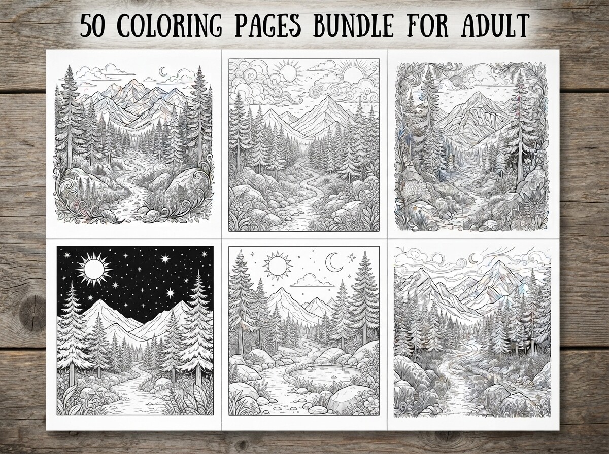 50 Mountain Forest Coloring Pages Bundle