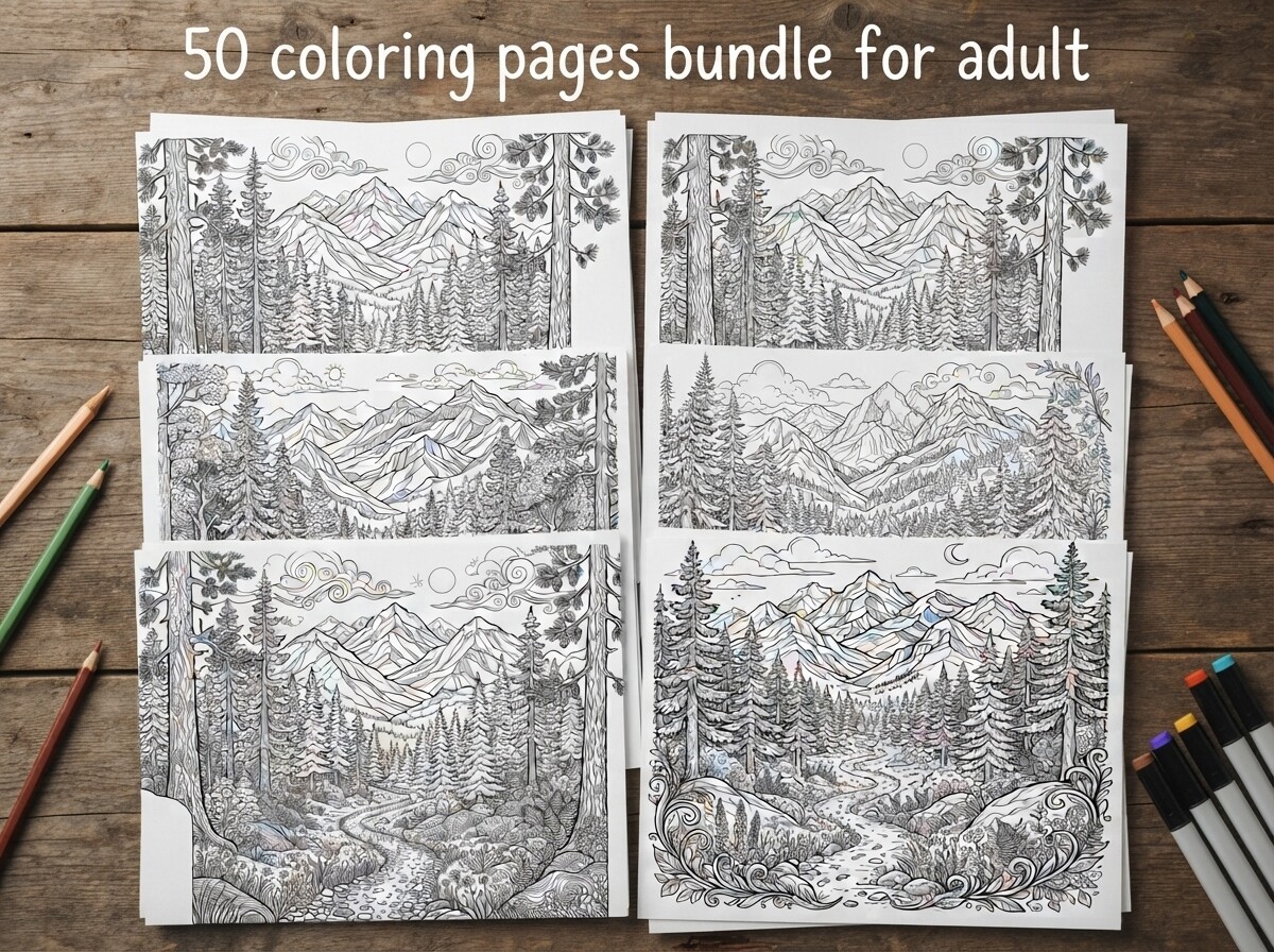 50 Mountain Forest Coloring Pages Bundle