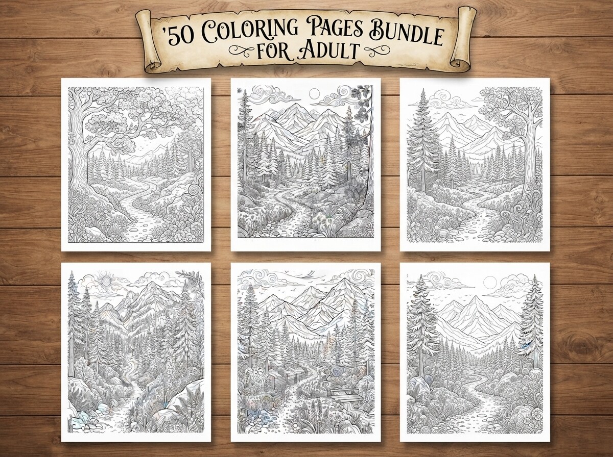 50 Mountain Forest Coloring Pages Bundle