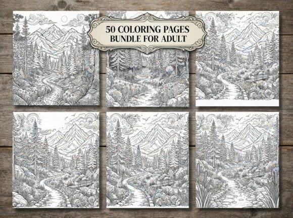 50 Mountain Forest Coloring Pages Bundle