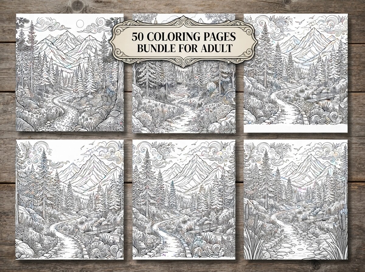 50 Mountain Forest Coloring Pages Bundle