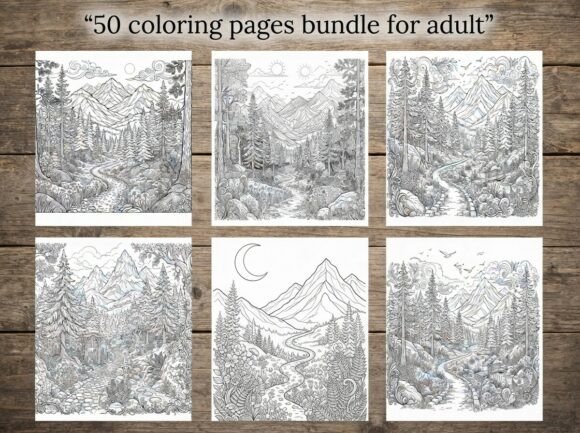 50 Mountain Forest Coloring Pages Bundle