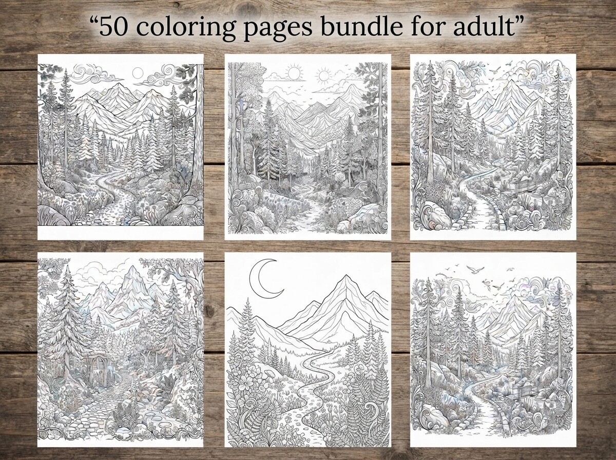 50 Mountain Forest Coloring Pages Bundle