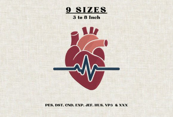 Anatomical Heart ECG Embroidery Design