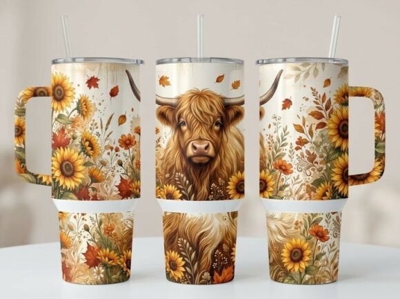 Autumn Sunflower Highland Cow Tumbler