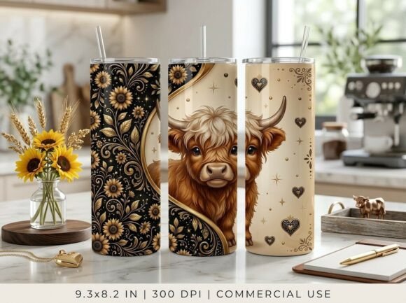 Black Gold Highland Cow Tumbler Design