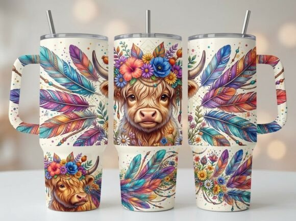 Boho Highland Cow Floral Tumbler Design