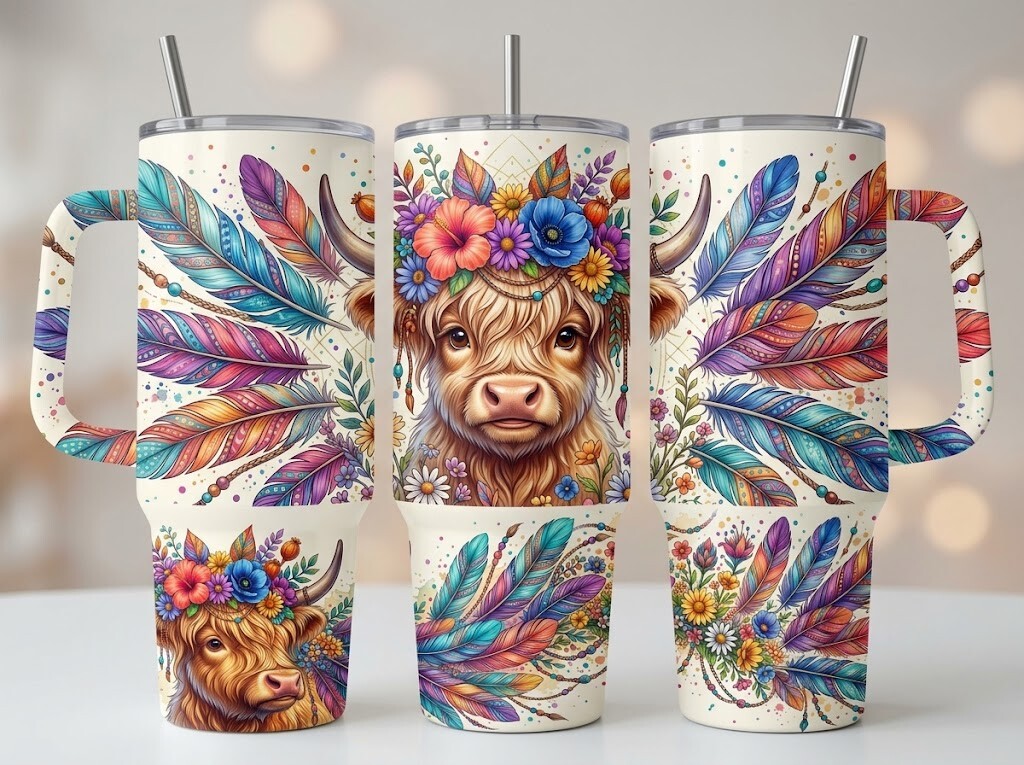 Boho Highland Cow Floral Tumbler Design