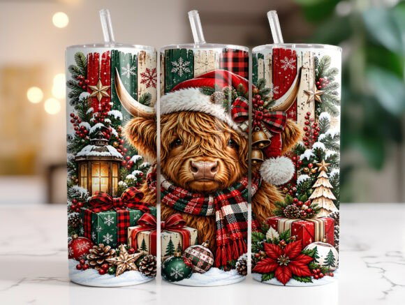 Christmas Highland Cow Plaid Tumbler PNG