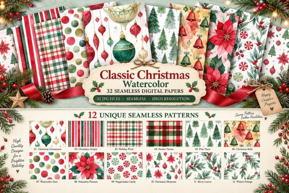 Classic Christmas Watercolor Digital