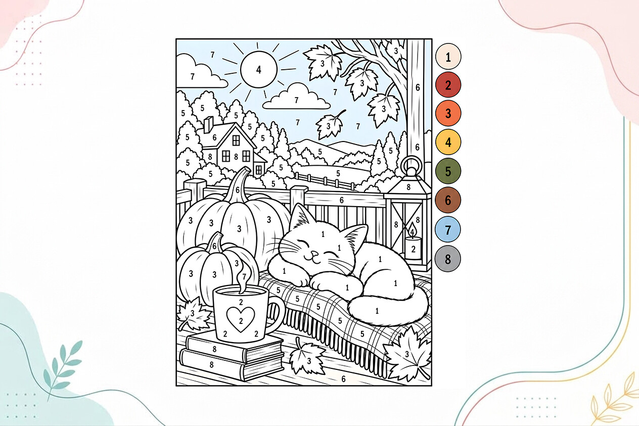 Cozy Autumn Cat Coloring Page