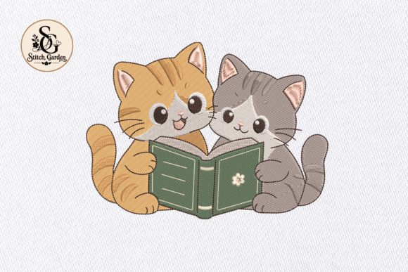 Cute Cats Reading Embroidery Design