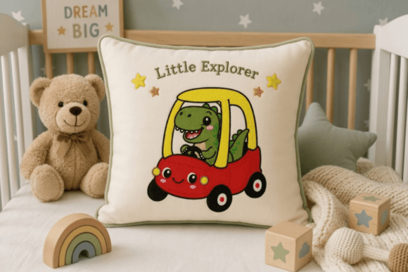 Cute Dino Riding Car Embroidery Design