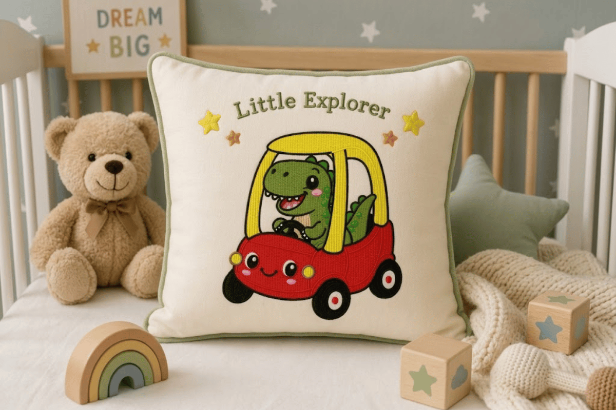 Cute Dino Riding Car Embroidery Design