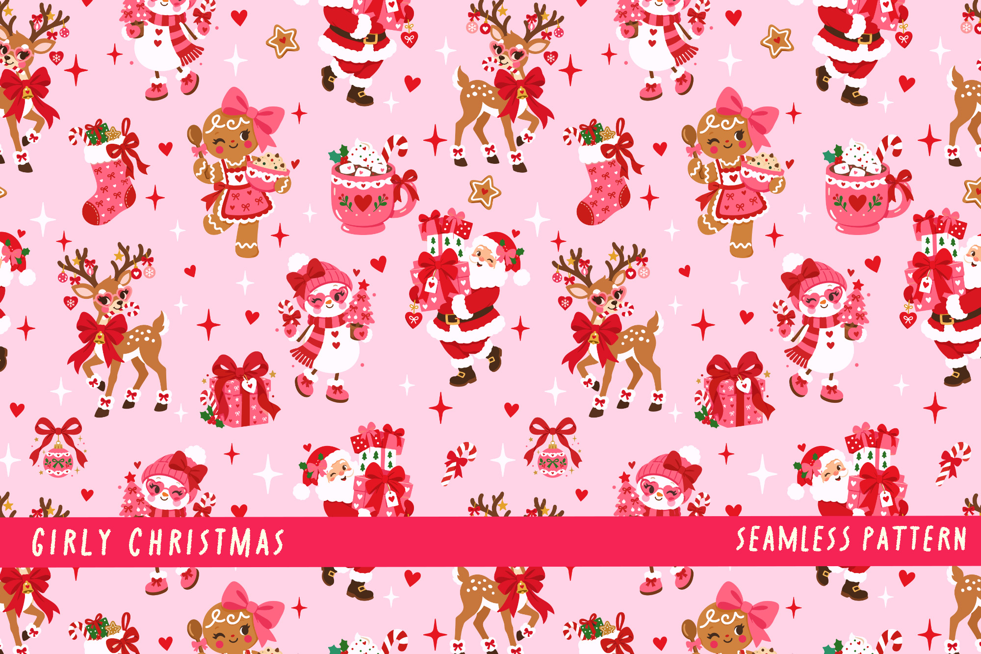 Cute Girly Christmas Pink Pattern PNG