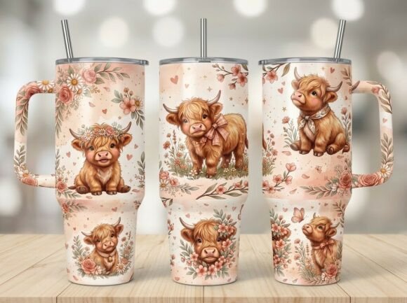 Cute Highland Cow Family Tumbler Design